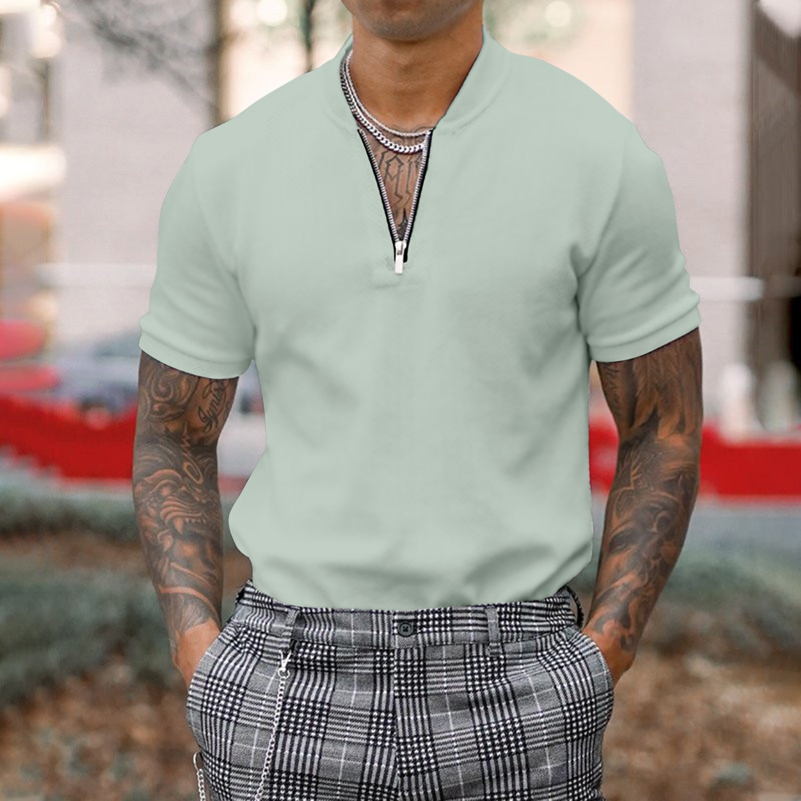 thumbnail image 2 of Blusa de manga corta con cuello alto y cremallera para hombre - Camisa informal de poliéster liso - Oficina/cita/fiesta de verano, 2 of 5